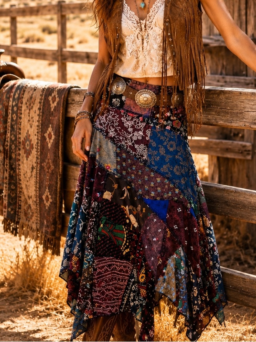 Jaded Gypsy L/XL Bohemian Patchwork Midi Skirt - Multicolor